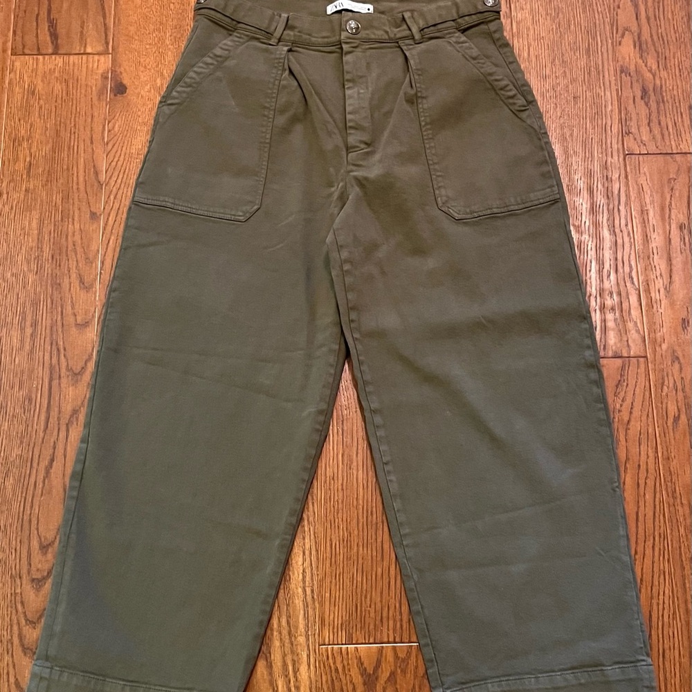 Zara Green Wide Leg Pants High-Waisted Casual‎